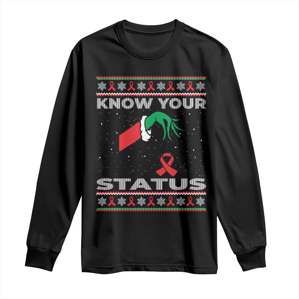 Funny Know Your Status Green Hand Long Sleeve Shirt Red Ribbon HIV Ugly Sweater Gift TS12 Black Print Your Wear
