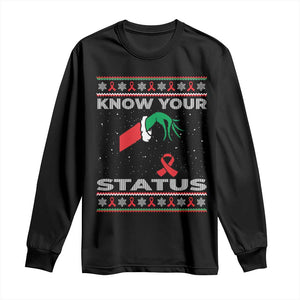 Funny Know Your Status Green Hand Long Sleeve Shirt Red Ribbon HIV Ugly Sweater Gift TS12 Black Print Your Wear