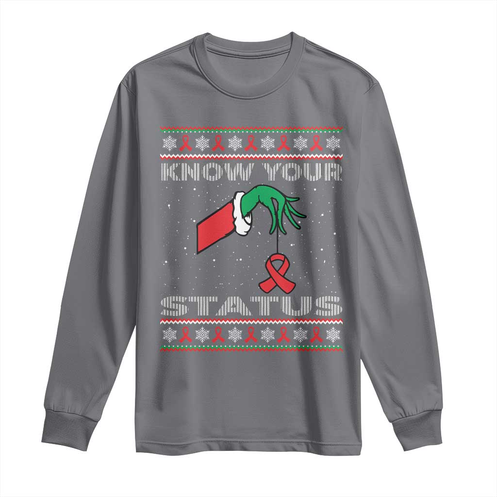 Funny Know Your Status Green Hand Long Sleeve Shirt Red Ribbon HIV Ugly Sweater Gift TS12 Charcoal Print Your Wear