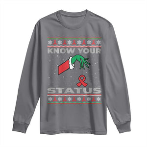 Funny Know Your Status Green Hand Long Sleeve Shirt Red Ribbon HIV Ugly Sweater Gift TS12 Charcoal Print Your Wear