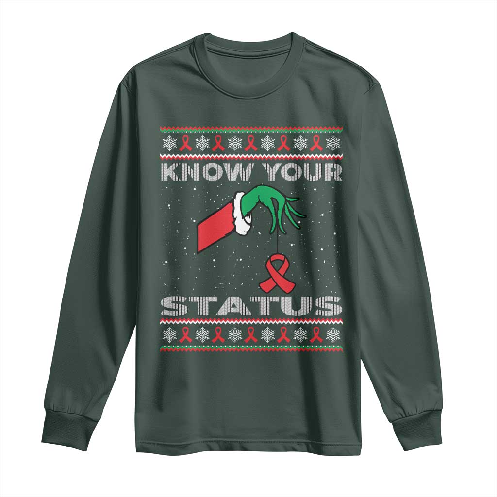 Funny Know Your Status Green Hand Long Sleeve Shirt Red Ribbon HIV Ugly Sweater Gift TS12 Dark Forest Green Print Your Wear