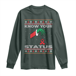 Funny Know Your Status Green Hand Long Sleeve Shirt Red Ribbon HIV Ugly Sweater Gift TS12 Dark Forest Green Print Your Wear