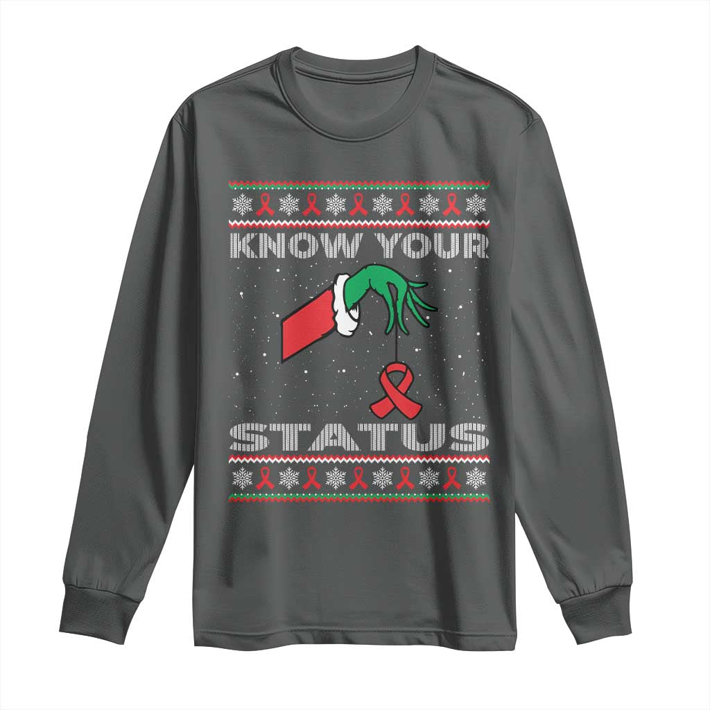 Funny Know Your Status Green Hand Long Sleeve Shirt Red Ribbon HIV Ugly Sweater Gift TS12 Dark Heather Print Your Wear