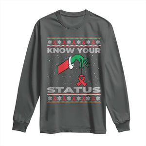 Funny Know Your Status Green Hand Long Sleeve Shirt Red Ribbon HIV Ugly Sweater Gift TS12 Dark Heather Print Your Wear