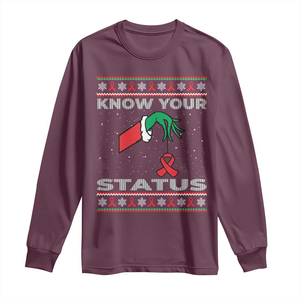 Funny Know Your Status Green Hand Long Sleeve Shirt Red Ribbon HIV Ugly Sweater Gift TS12 Maroon Print Your Wear