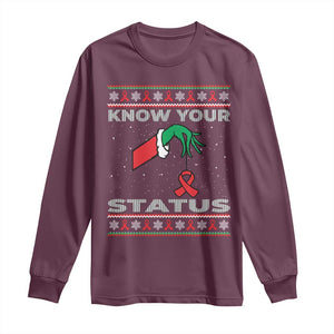 Funny Know Your Status Green Hand Long Sleeve Shirt Red Ribbon HIV Ugly Sweater Gift TS12 Maroon Print Your Wear