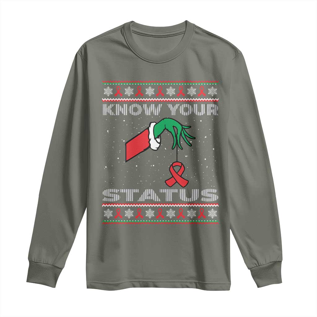 Funny Know Your Status Green Hand Long Sleeve Shirt Red Ribbon HIV Ugly Sweater Gift TS12 Military Green Print Your Wear