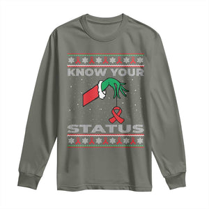 Funny Know Your Status Green Hand Long Sleeve Shirt Red Ribbon HIV Ugly Sweater Gift TS12 Military Green Print Your Wear