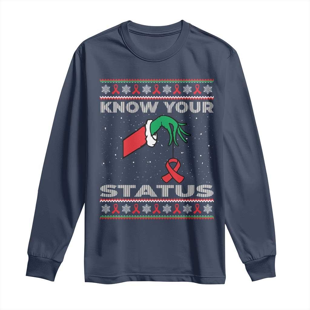 Funny Know Your Status Green Hand Long Sleeve Shirt Red Ribbon HIV Ugly Sweater Gift TS12 Navy Print Your Wear