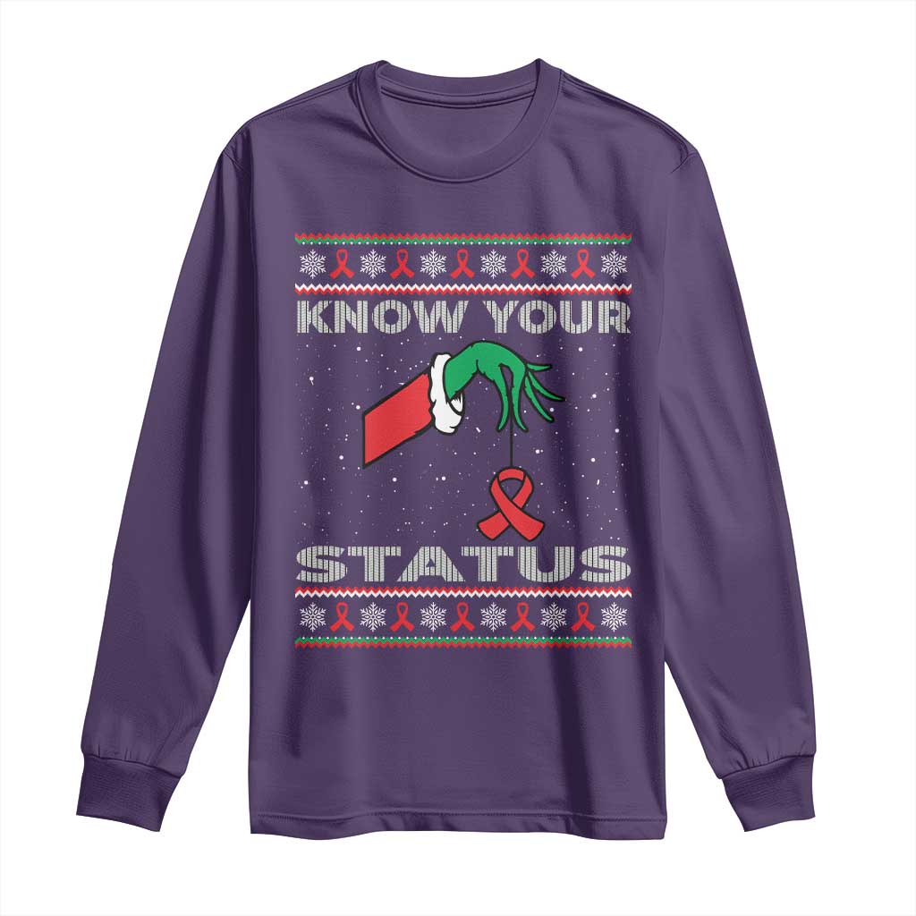 Funny Know Your Status Green Hand Long Sleeve Shirt Red Ribbon HIV Ugly Sweater Gift TS12 Purple Print Your Wear
