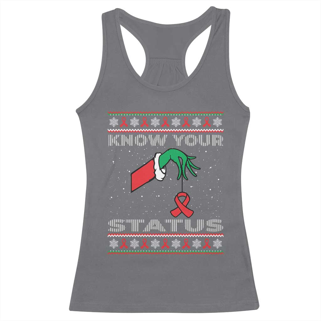 Funny Know Your Status Green Hand Racerback Tank Top Red Ribbon HIV Ugly Sweater Gift TS12 Charcoal Print Your Wear