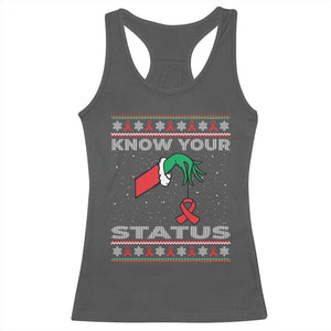 Funny Know Your Status Green Hand Racerback Tank Top Red Ribbon HIV Ugly Sweater Gift TS12 Dark Heather Print Your Wear