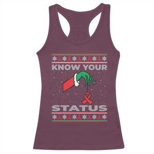Funny Know Your Status Green Hand Racerback Tank Top Red Ribbon HIV Ugly Sweater Gift TS12 Maroon Print Your Wear