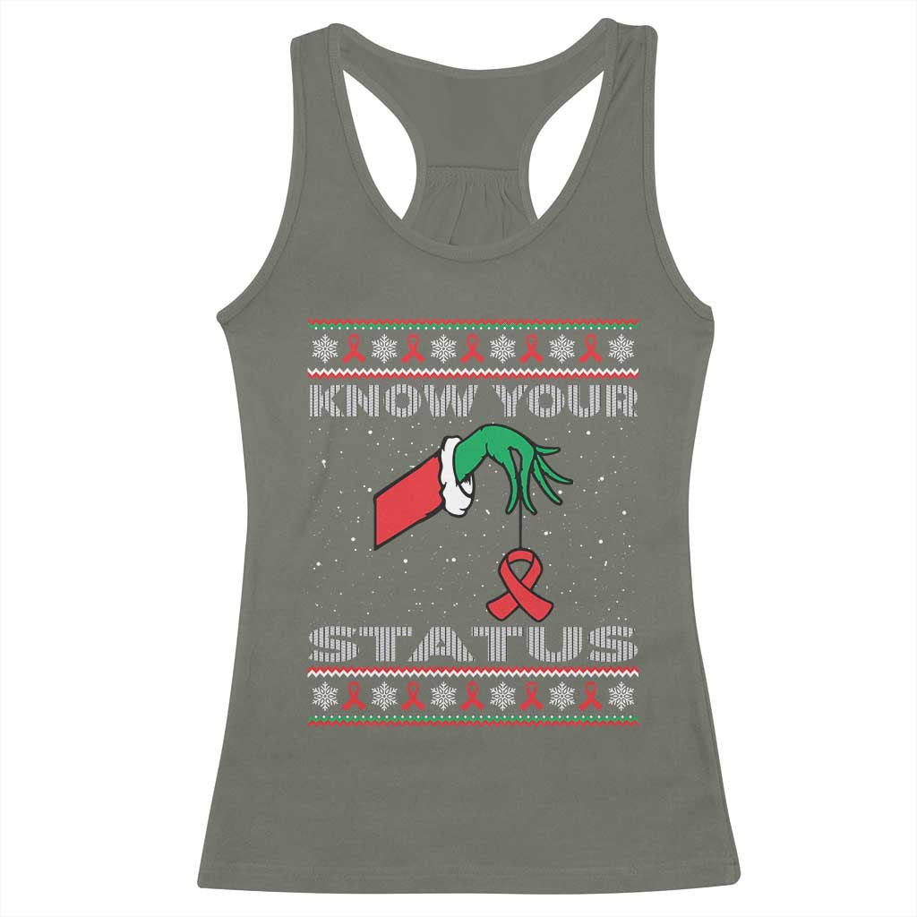 Funny Know Your Status Green Hand Racerback Tank Top Red Ribbon HIV Ugly Sweater Gift TS12 Military Green Print Your Wear