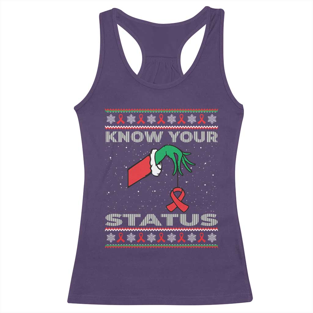 Funny Know Your Status Green Hand Racerback Tank Top Red Ribbon HIV Ugly Sweater Gift TS12 Purple Print Your Wear