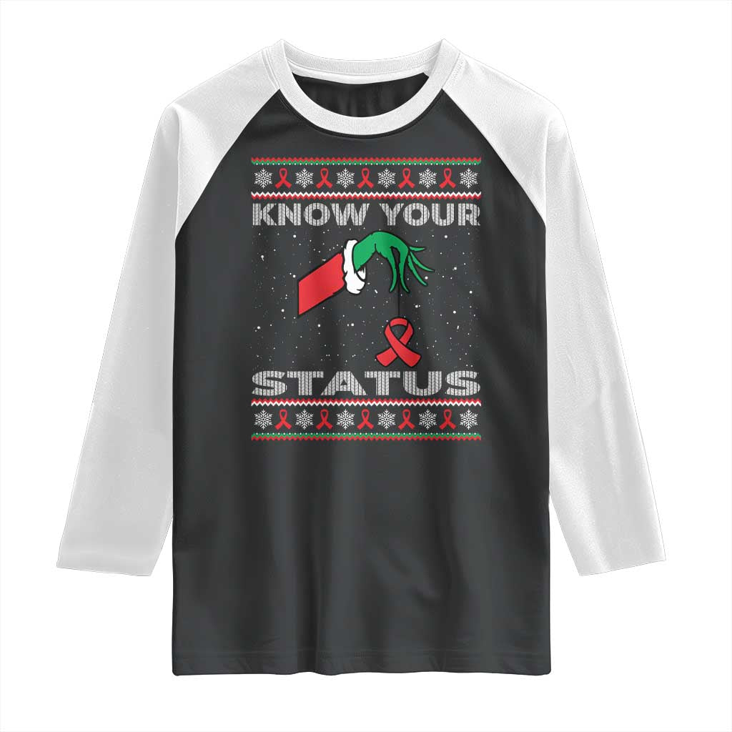 Funny Know Your Status Green Hand Raglan Shirt Red Ribbon HIV Ugly Sweater Gift TS12 Black White Print Your Wear