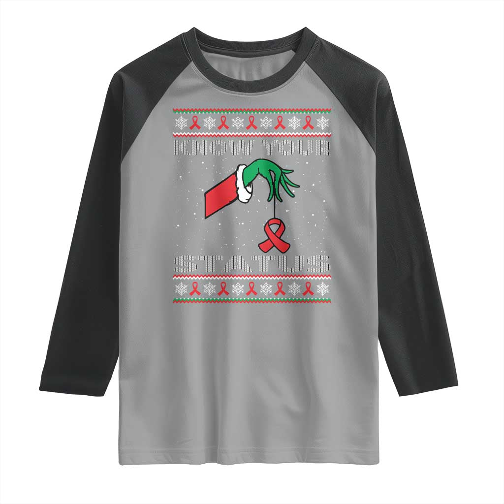 Funny Know Your Status Green Hand Raglan Shirt Red Ribbon HIV Ugly Sweater Gift TS12 Sport Gray Black Print Your Wear