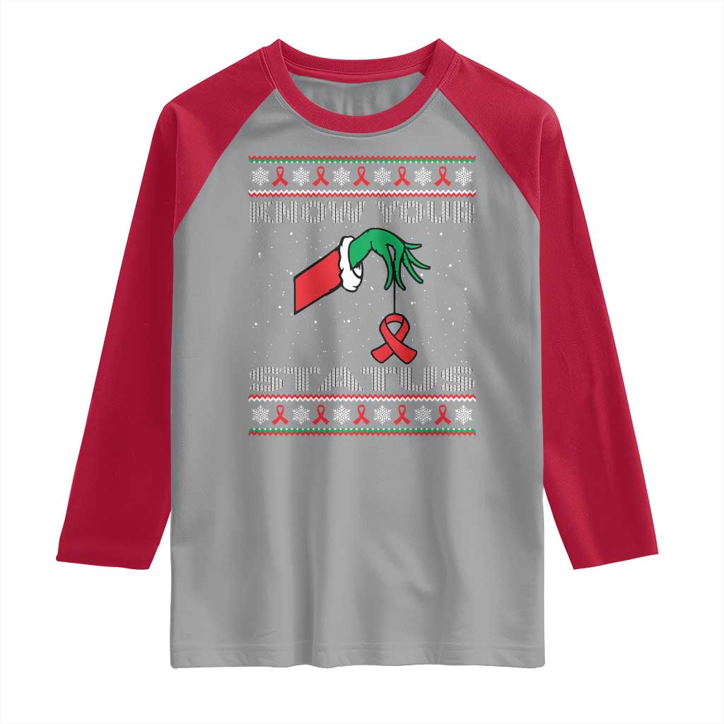 Funny Know Your Status Green Hand Raglan Shirt Red Ribbon HIV Ugly Sweater Gift TS12 Sport Gray Red Print Your Wear