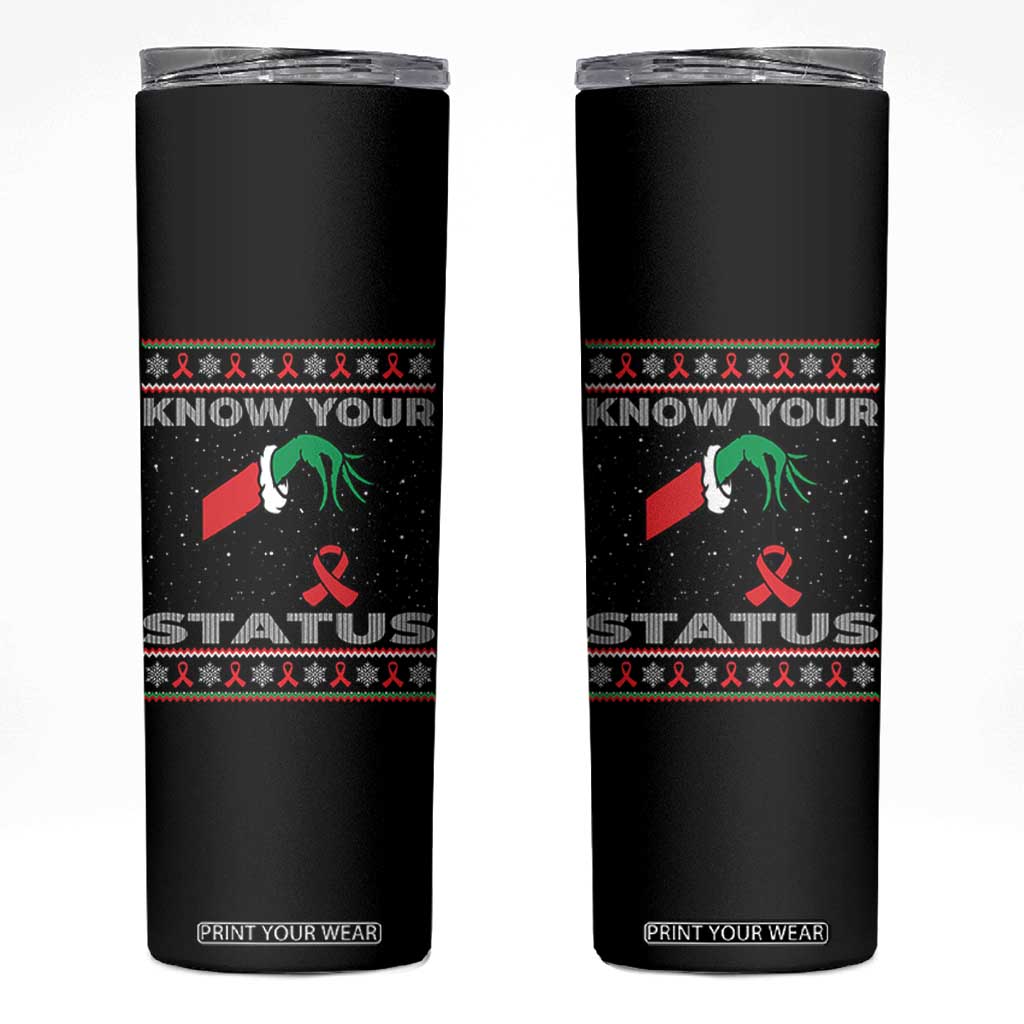 Funny Know Your Status Green Hand Skinny Tumbler Red Ribbon HIV Ugly Sweater Gift TS12 Black Print Your Wear