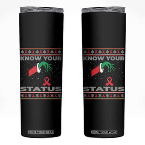 Funny Know Your Status Green Hand Skinny Tumbler Red Ribbon HIV Ugly Sweater Gift TS12 Black Print Your Wear