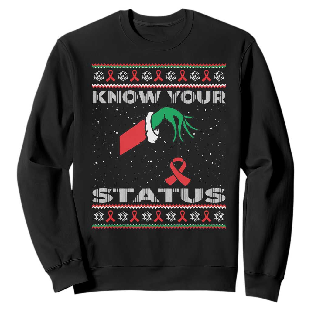 Funny Know Your Status Green Hand Sweatshirt Red Ribbon HIV Ugly Sweater Gift TS12 Black Print Your Wear