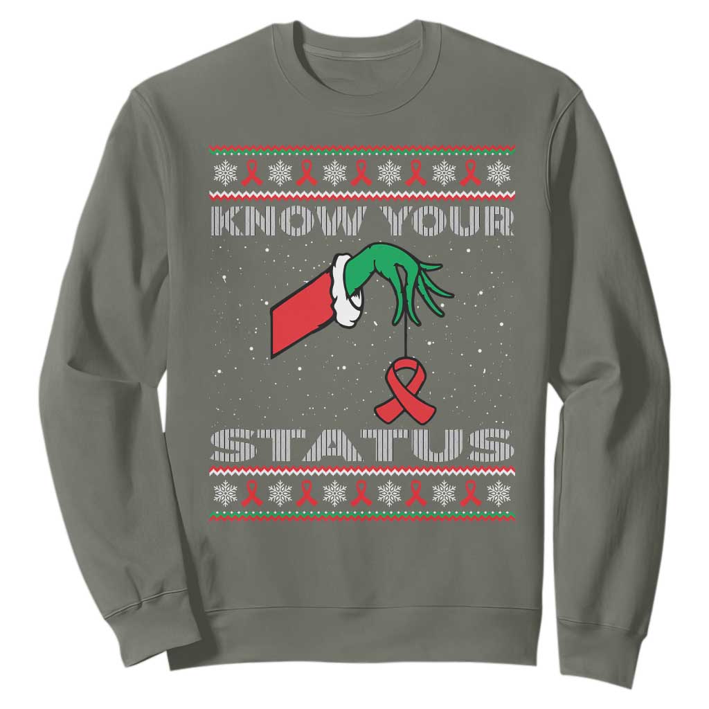 Funny Know Your Status Green Hand Sweatshirt Red Ribbon HIV Ugly Sweater Gift TS12 Military Green Print Your Wear