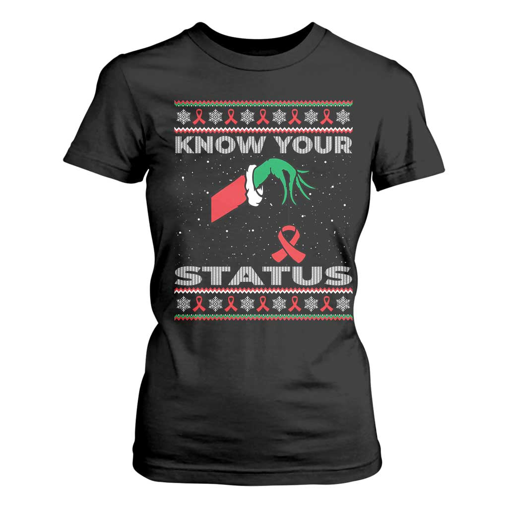 Funny Know Your Status Green Hand T Shirt For Women Red Ribbon HIV Ugly Sweater Gift TS12 Black Print Your Wear