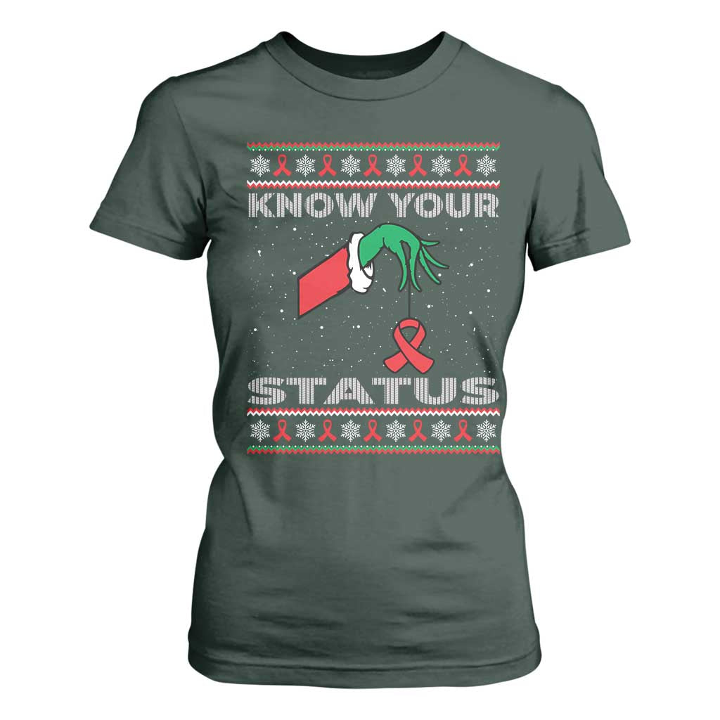 Funny Know Your Status Green Hand T Shirt For Women Red Ribbon HIV Ugly Sweater Gift TS12 Dark Forest Green Print Your Wear