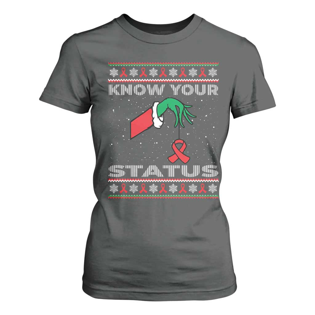 Funny Know Your Status Green Hand T Shirt For Women Red Ribbon HIV Ugly Sweater Gift TS12 Dark Heather Print Your Wear