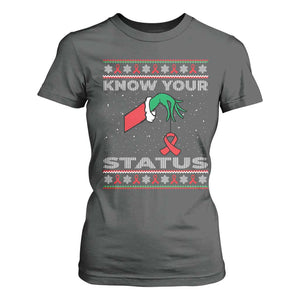 Funny Know Your Status Green Hand T Shirt For Women Red Ribbon HIV Ugly Sweater Gift TS12 Dark Heather Print Your Wear