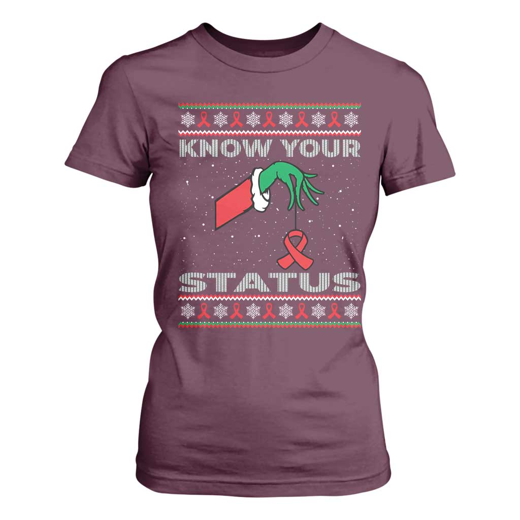 Funny Know Your Status Green Hand T Shirt For Women Red Ribbon HIV Ugly Sweater Gift TS12 Maroon Print Your Wear