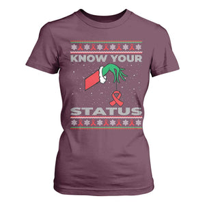 Funny Know Your Status Green Hand T Shirt For Women Red Ribbon HIV Ugly Sweater Gift TS12 Maroon Print Your Wear