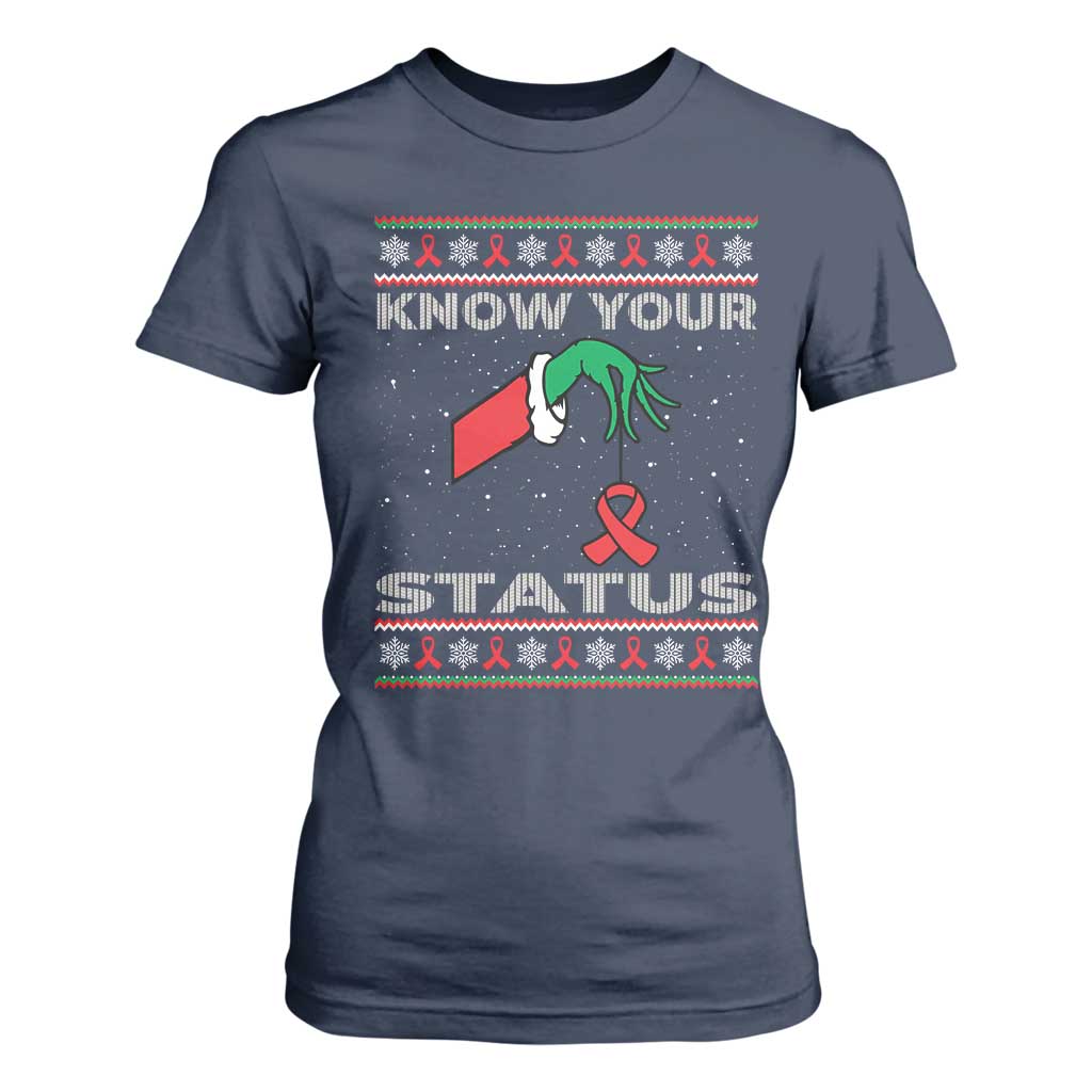Funny Know Your Status Green Hand T Shirt For Women Red Ribbon HIV Ugly Sweater Gift TS12 Navy Print Your Wear