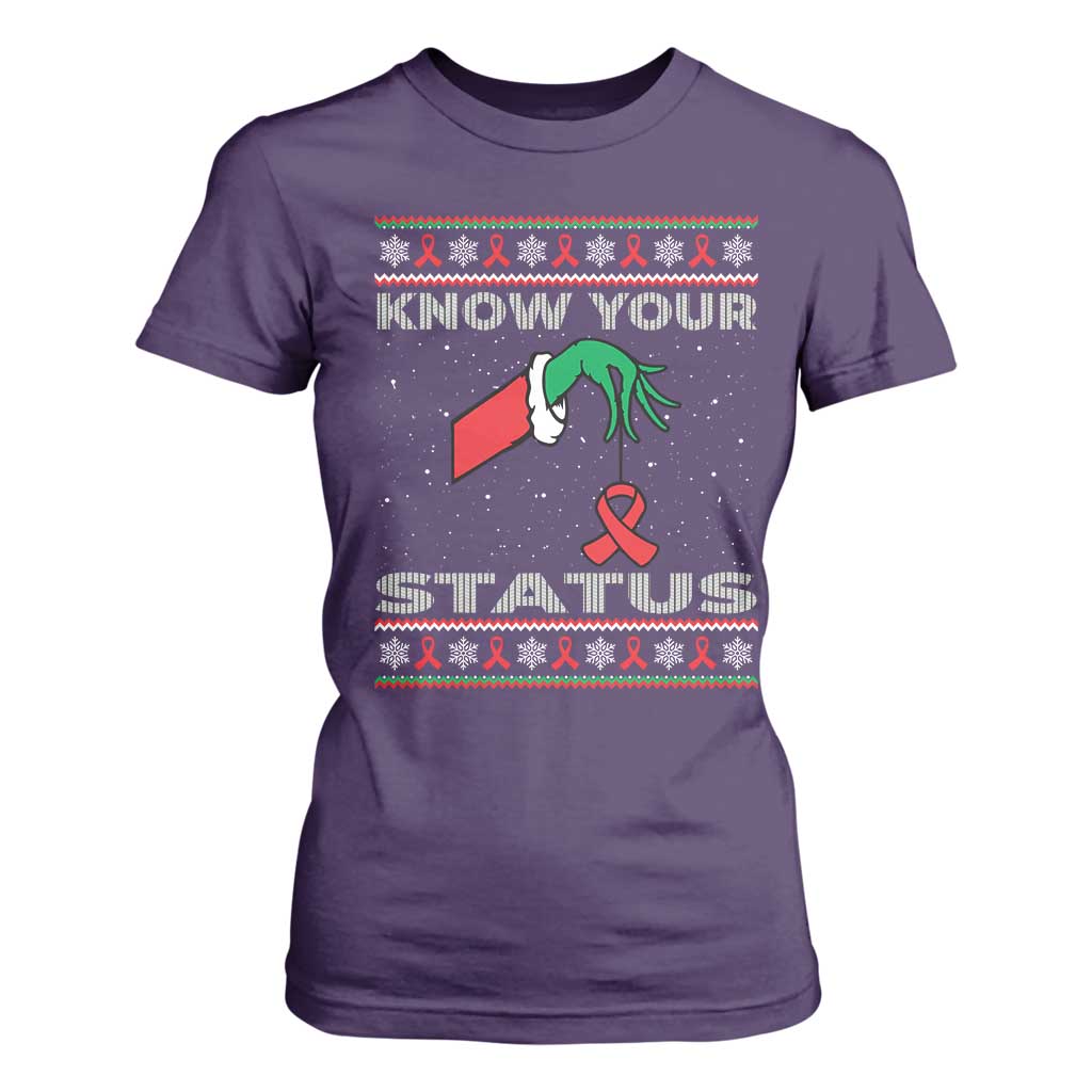 Funny Know Your Status Green Hand T Shirt For Women Red Ribbon HIV Ugly Sweater Gift TS12 Purple Print Your Wear