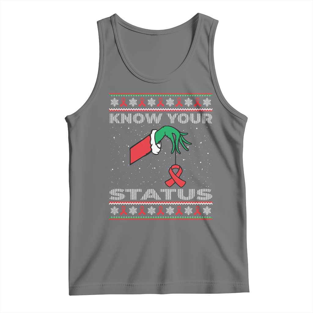 Funny Know Your Status Green Hand Tank Top Red Ribbon HIV Ugly Sweater Gift TS12 Black Heather Print Your Wear