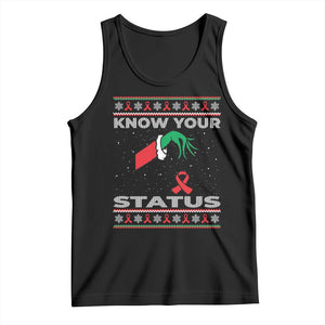 Funny Know Your Status Green Hand Tank Top Red Ribbon HIV Ugly Sweater Gift TS12 Black Print Your Wear