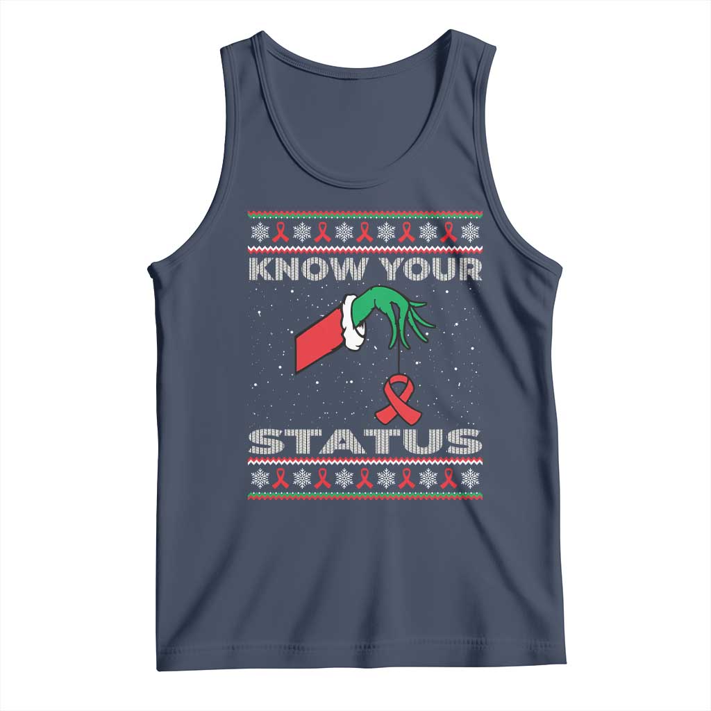 Funny Know Your Status Green Hand Tank Top Red Ribbon HIV Ugly Sweater Gift TS12 Navy Print Your Wear