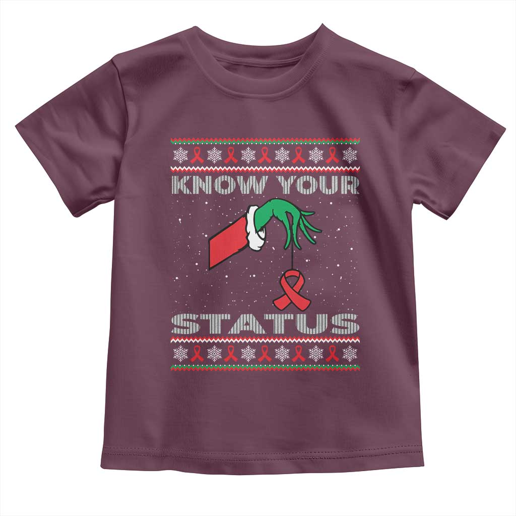 Funny Know Your Status Green Hand Toddler T Shirt Red Ribbon HIV Ugly Sweater Gift TS12 Maroon Print Your Wear