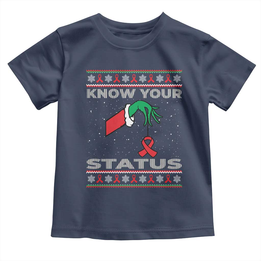 Funny Know Your Status Green Hand Toddler T Shirt Red Ribbon HIV Ugly Sweater Gift TS12 Navy Print Your Wear