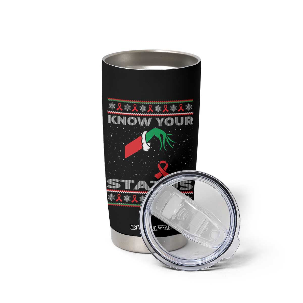 Funny Know Your Status Green Hand Tumbler Cup Red Ribbon HIV Ugly Sweater Gift TS12 Print Your Wear