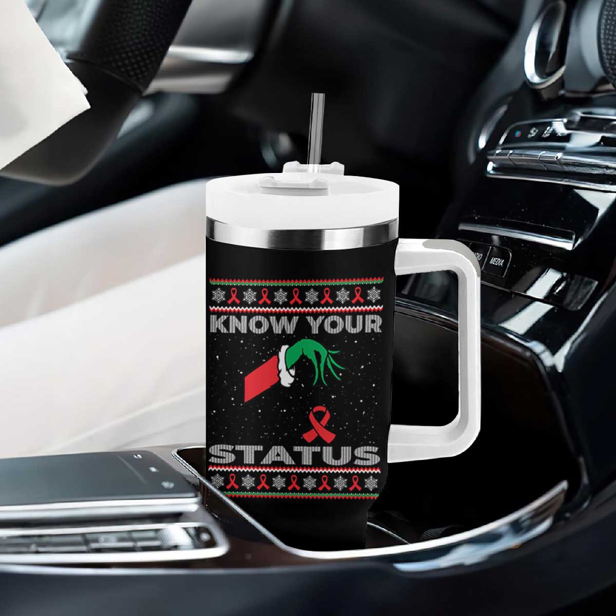 Funny Know Your Status Green Hand Tumbler With Handle Red Ribbon HIV Ugly Sweater Gift TS12 Print Your Wear