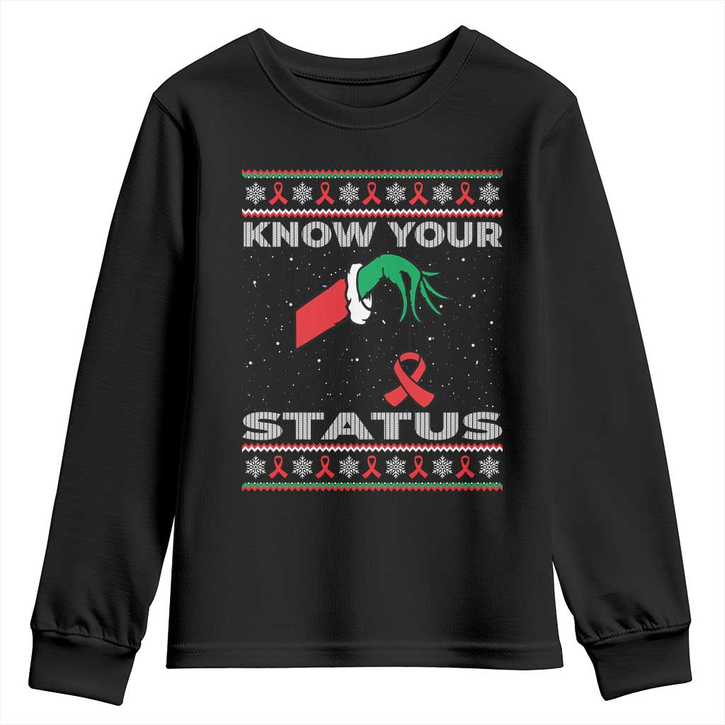 Funny Know Your Status Green Hand Youth Sweatshirt Red Ribbon HIV Ugly Sweater Gift TS12 Black Print Your Wear