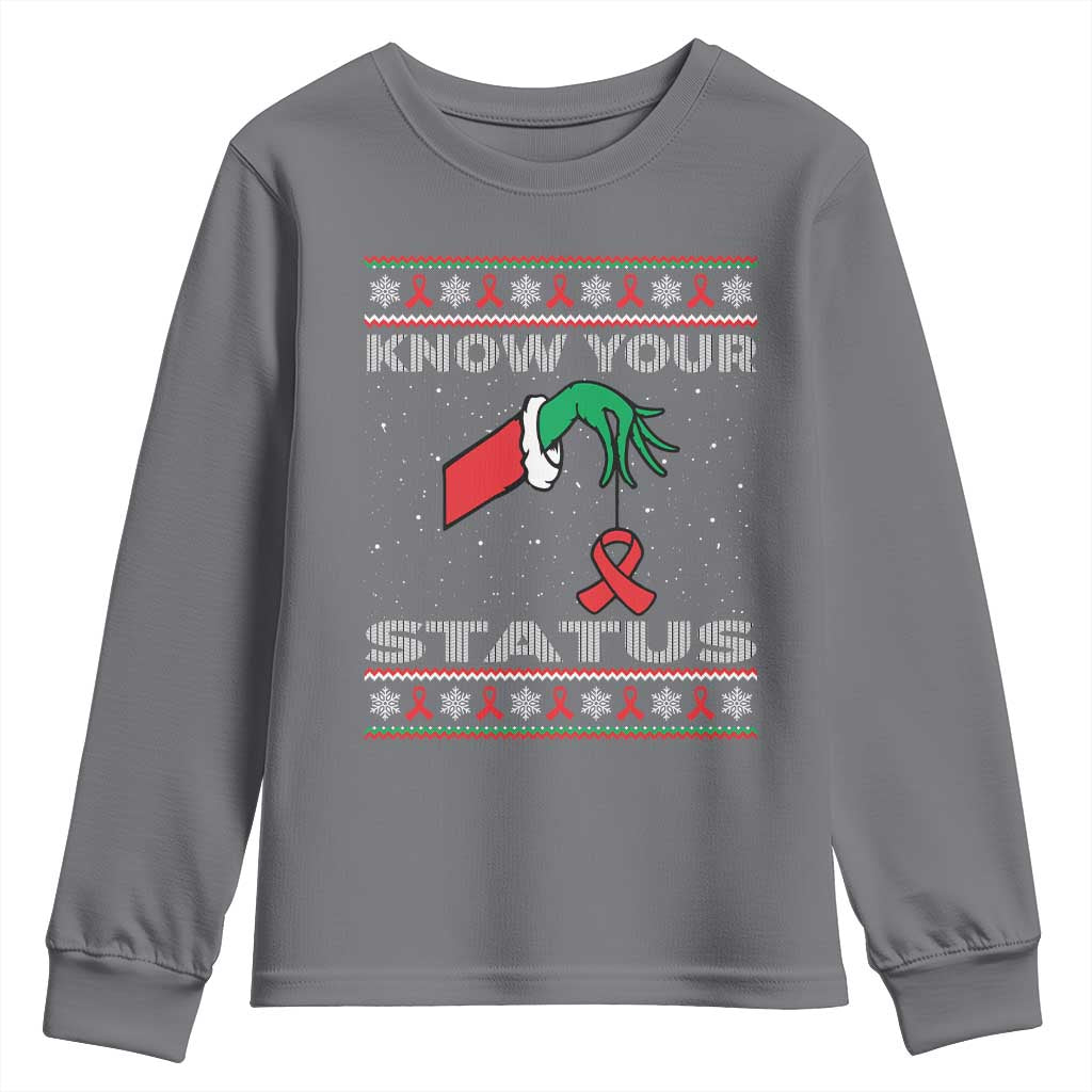 Funny Know Your Status Green Hand Youth Sweatshirt Red Ribbon HIV Ugly Sweater Gift TS12 Charcoal Print Your Wear