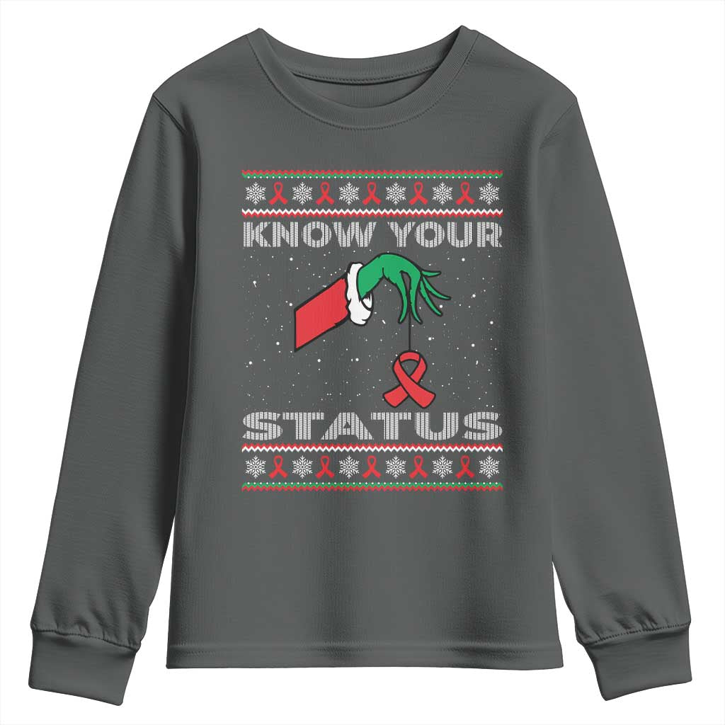 Funny Know Your Status Green Hand Youth Sweatshirt Red Ribbon HIV Ugly Sweater Gift TS12 Dark Heather Print Your Wear
