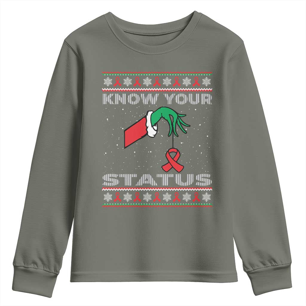 Funny Know Your Status Green Hand Youth Sweatshirt Red Ribbon HIV Ugly Sweater Gift TS12 Military Green Print Your Wear