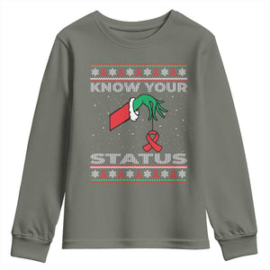 Funny Know Your Status Green Hand Youth Sweatshirt Red Ribbon HIV Ugly Sweater Gift TS12 Military Green Print Your Wear