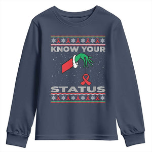 Funny Know Your Status Green Hand Youth Sweatshirt Red Ribbon HIV Ugly Sweater Gift TS12 Navy Print Your Wear