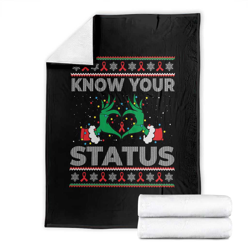 Know Your Status HIV Awareness Gift Throw Blanket Ugly Sweater Green Hand Red Ribbon TS12 Black Print Your Wear