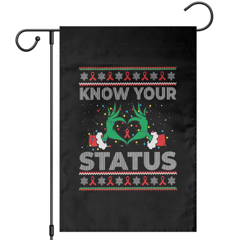 Know Your Status HIV Awareness Gift Garden Flag Ugly Sweater Green Hand Red Ribbon TS12 Black Print Your Wear