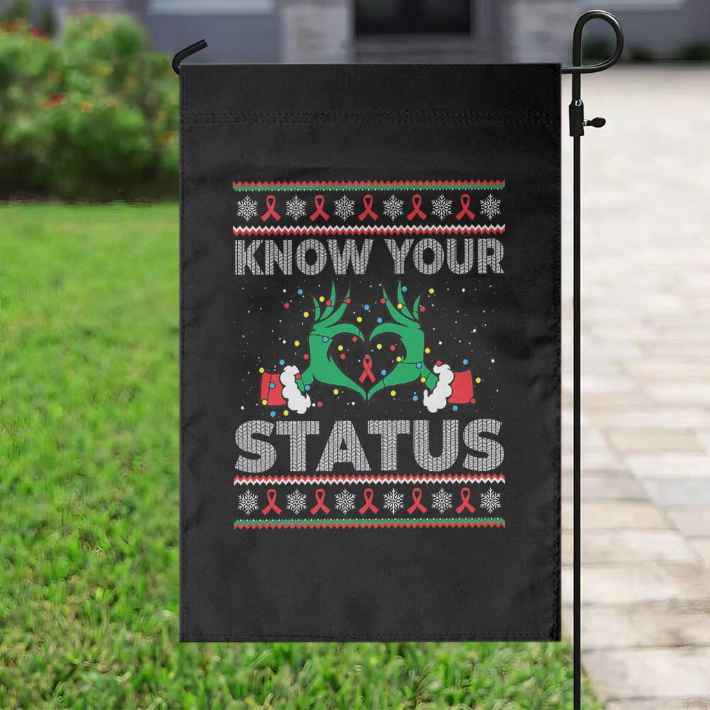 Know Your Status HIV Awareness Gift Garden Flag Ugly Sweater Green Hand Red Ribbon TS12 Print Your Wear